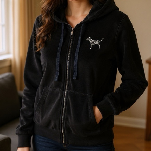 Victoria's Secret Black Velvet Hoodie Love Pink Embellishment Dog Motif - Picture 3 of 12